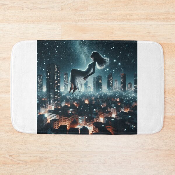 Item preview, Woman levitating above a night-time cityscape, with buildings that appear to be painted with stars designed and sold by AndreaMart.