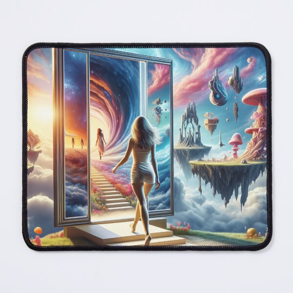 Item preview, Woman stepping through a large mirror into an alternative, surrealistic world where reality and fantasy intertwine designed and sold by AndreaMart.