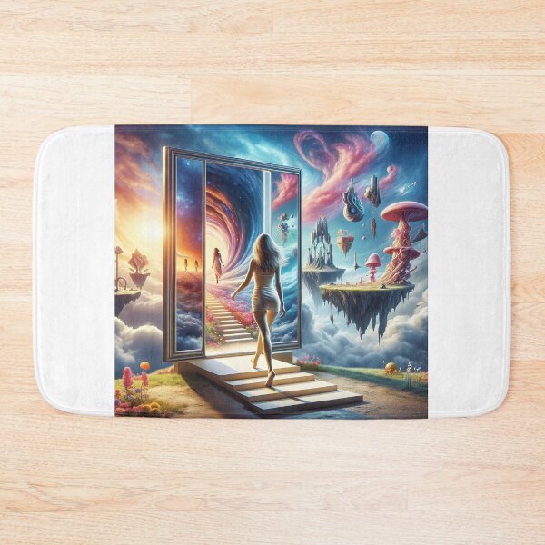 Item preview, Woman stepping through a large mirror into an alternative, surrealistic world where reality and fantasy intertwine designed and sold by AndreaMart.