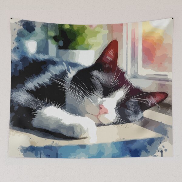 Item preview, Gato Tuxido Durmiente, Acuarela designed and sold by printmala.