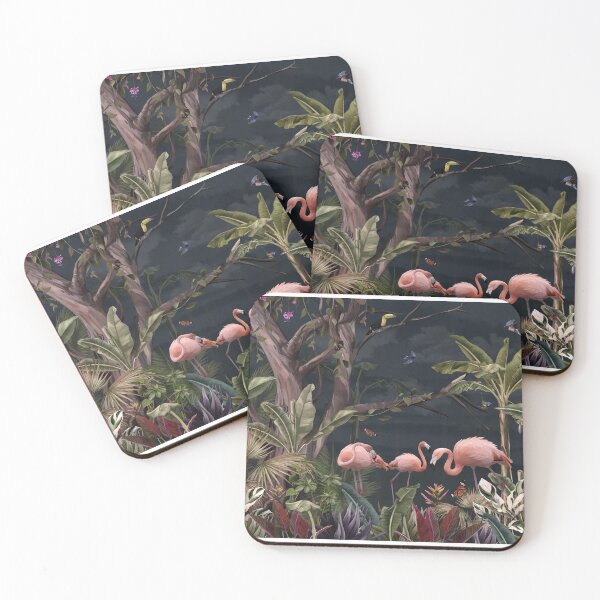 Item preview,  tropical  pattern wallpaper leaf with flamingo birds in beach night background leaves and a butterfly designed and sold by hAITHAM1985.
