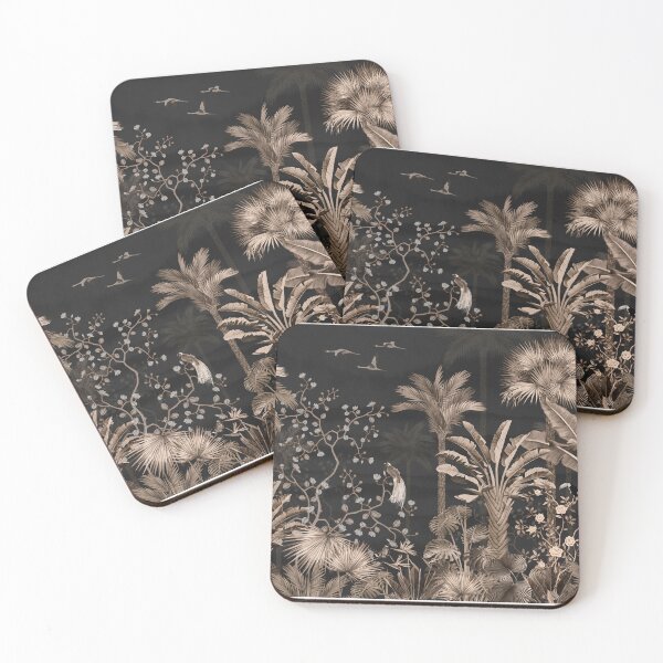 Item preview, pattern dry  tropical forest style wallpaper with palm trees, plants, birds, butterflies and dark background.jpg designed and sold by hAITHAM1985.