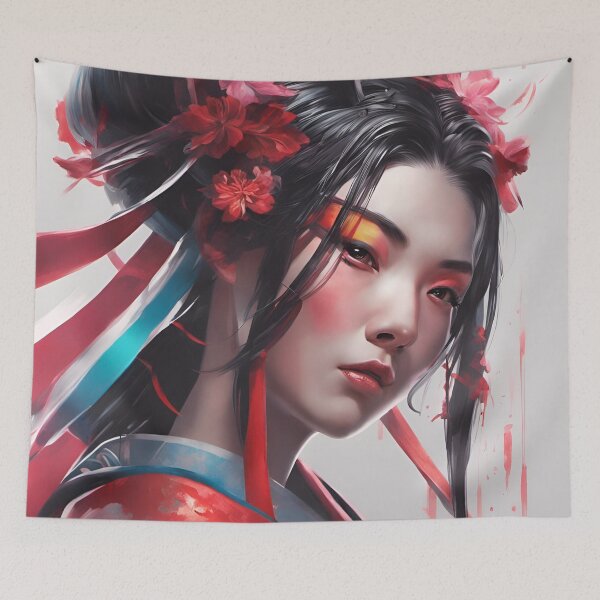 Item preview, Abstract Asian Japanese geisha with orange eyes and ribbons designed and sold by Coolparrotgirl.