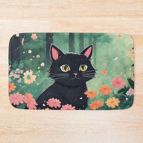 Artikelvorschau, Süße Anime-schwarze Katze im Wald mit Blumen entworfen und verkauft von TajfunX.