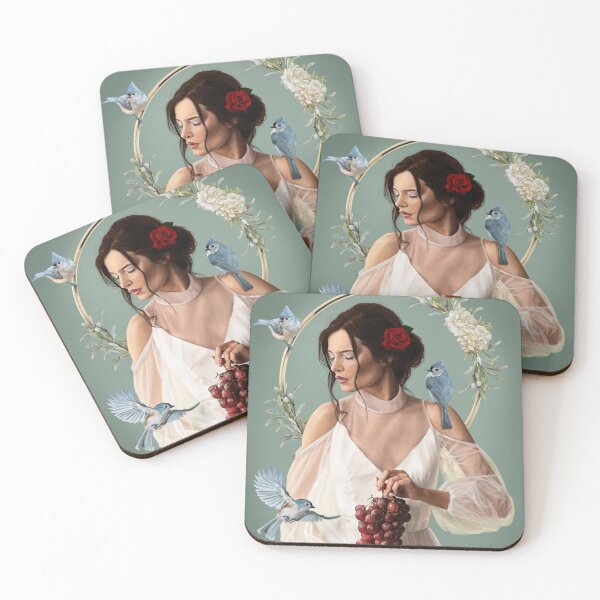 Item preview, Mistletoe & Wine - Digital Painting of a Woman Holding Grapes and Surrounded by Tufted Titmouse Birds designed and sold by EmilyDewsnap.