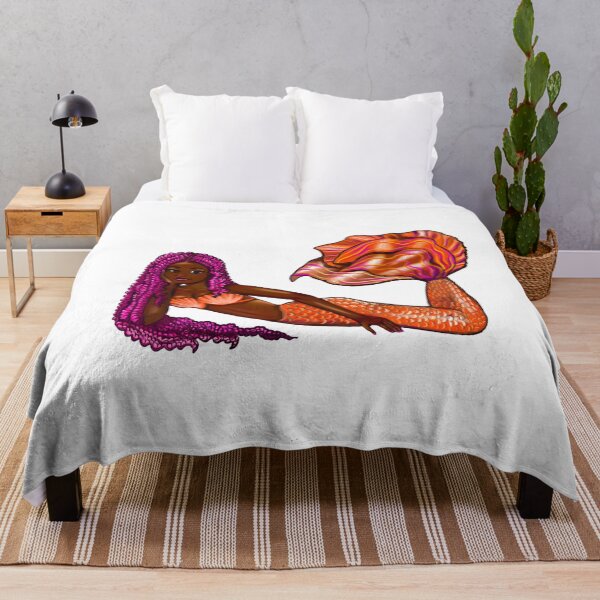 Item preview, Mermaid in orange with pink Afro braids relaxing Melanin Queen African American Mermaids designed and sold by Artonmytee.