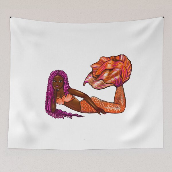 Item preview, Mermaid in orange with pink Afro braids relaxing Melanin Queen African American Mermaids designed and sold by Artonmytee.