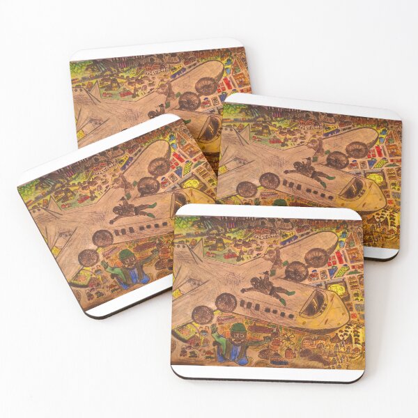 Item preview, Plane flying over the city with the parachuter in the air and soldiers on the aircraft,, hand-drawn illustration, in the background: lovely, fantastic, very detailed city-scape.  designed and sold by JW3164..