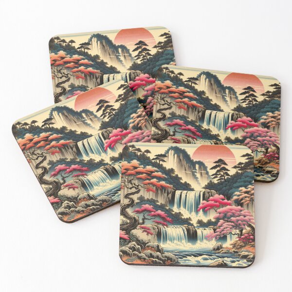 Item preview, Eternal Autumn: Waterfalls Amidst Crimson Foliage at Twilight designed and sold by ArtComixHaven.