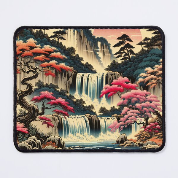 Item preview, Eternal Autumn: Waterfalls Amidst Crimson Foliage at Twilight designed and sold by ArtComixHaven.