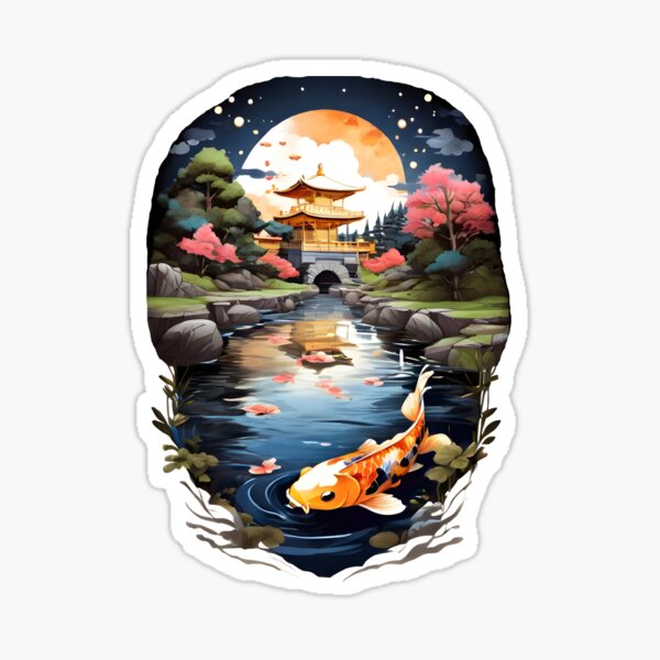 Serene River Landscape: Ancient Japanese Architecture Sticker