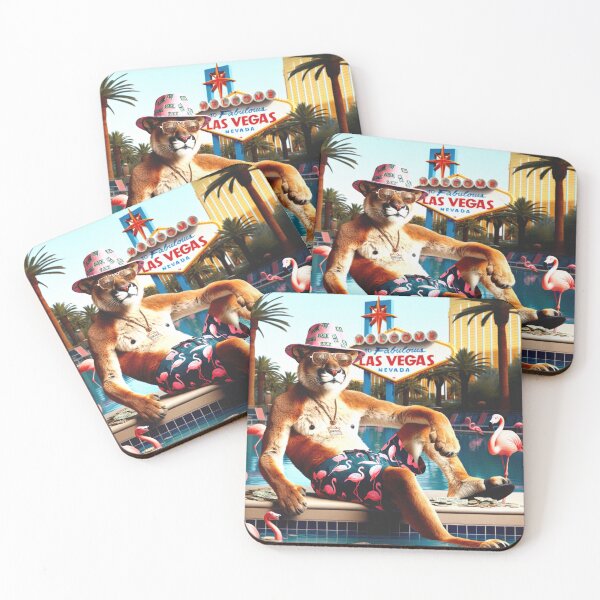 Item preview, Old Mountain Lion and Pink Flamingos Tanning Poolside in  Las Vegas designed and sold by HippieFarms11.