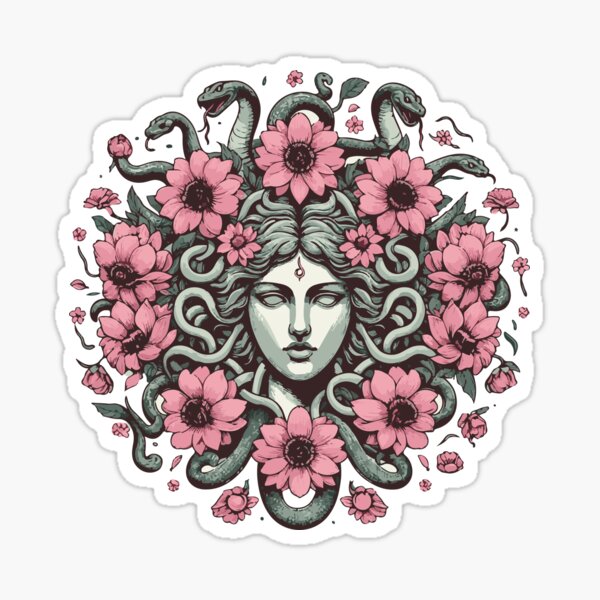 Vista previa del artículo con la obra «Mitología griega Medusa con serpientes y flores rosas.», diseñado y vendido por NawalMagdy.