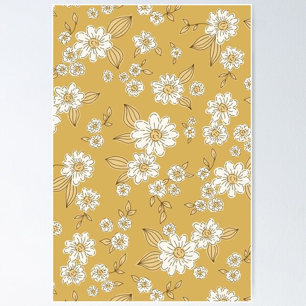 Floral pattern with cute daisies. Feminine retro design with summer flowers in a honey yellow palette. Poster