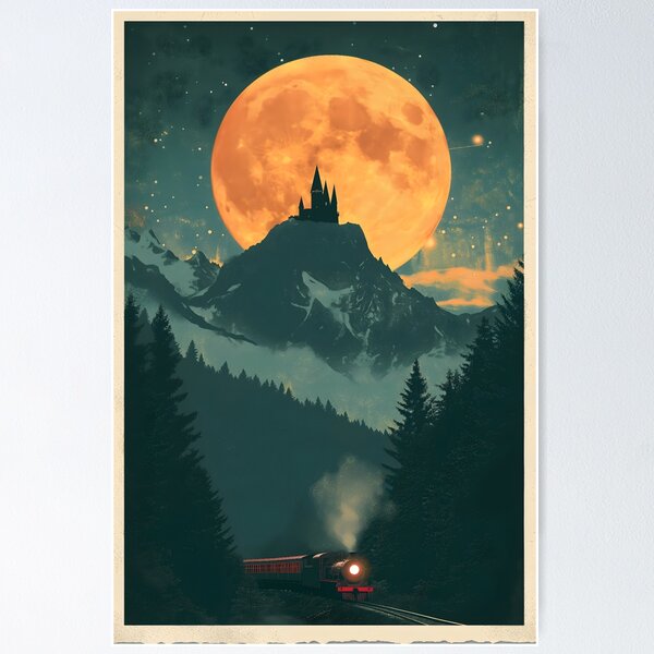 Vista previa del artículo con la obra «Un tren y una fortaleza bajo la luna - Fantasía», diseñado y vendido por Fenay Designs.