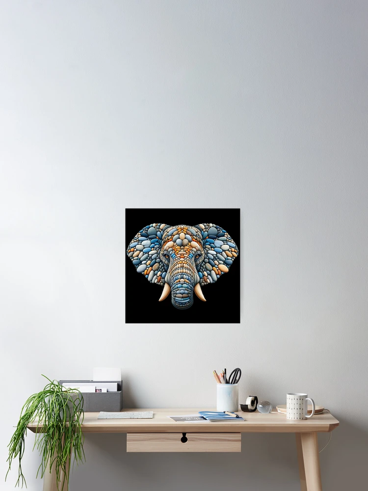 Thumbnail 2 of 3, Poster, Serene Azure Elephant Pebble Art Portrait designed and sold by MachineDesigned.