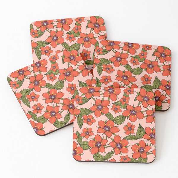 Item preview, Scarlet Pimpernel Floral design, Red and purple flowers with green leaves on a Pink Peach Fuzz background designed and sold by Mbmcdonaldart.