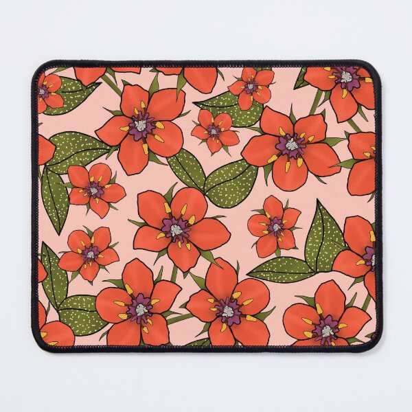 Item preview, Scarlet Pimpernel Floral design, Red and purple flowers with green leaves on a Pink Peach Fuzz background designed and sold by Mbmcdonaldart.