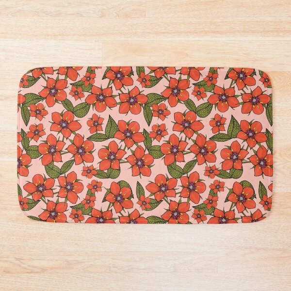 Item preview, Scarlet Pimpernel Floral design, Red and purple flowers with green leaves on a Pink Peach Fuzz background designed and sold by Mbmcdonaldart.