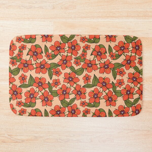 Item preview, Scarlet Pimpernel Floral design, Red and purple flowers with green leaves on a Peach Fuzz background designed and sold by Mbmcdonaldart.