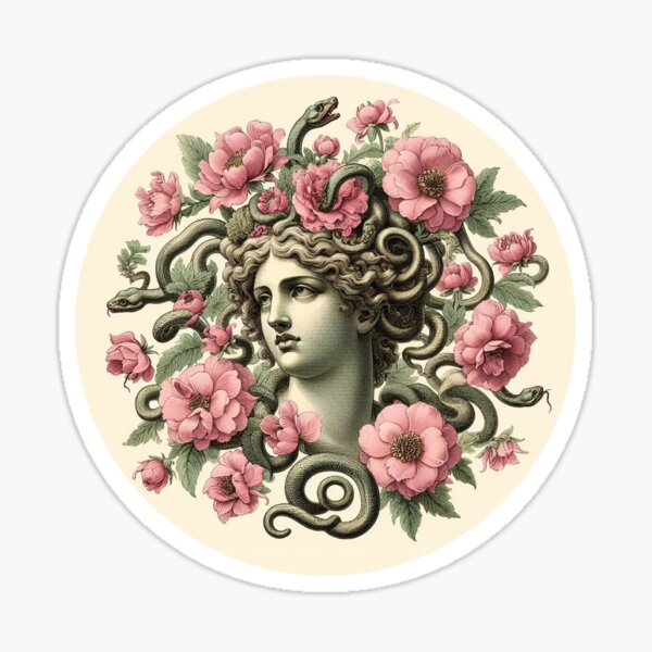 Vista previa del artículo con la obra «Mitología griega Medusa con serpientes y flores rosas.», diseñado y vendido por NawalMagdy.