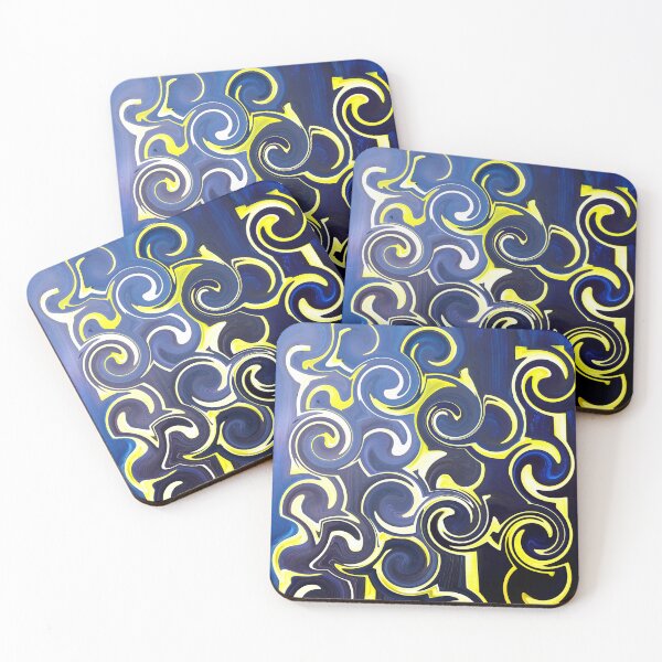 Artikelvorschau, Fantasiemuster gelb blau schwarz Kreise Linien Flächen entworfen und verkauft von G-M-Designs.