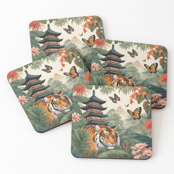 Item preview, Tiger and butterfly, plants, flowers, nature, pagoda, China designed and sold by Sugar Wisdom .