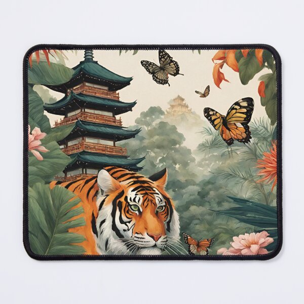 Item preview, Tiger and butterfly, plants, flowers, nature, pagoda, China designed and sold by Sugar Wisdom .