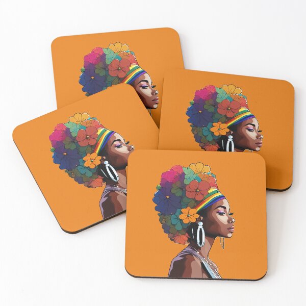Item preview, black afro woman with flowers on her head standing in her black power magic designed and sold by Cosmicreations1.