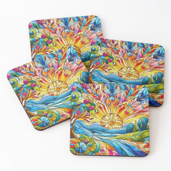 Item preview, Colourful Stained Glass window Sunset And Tree designed and sold by EdgyEdgeArt.
