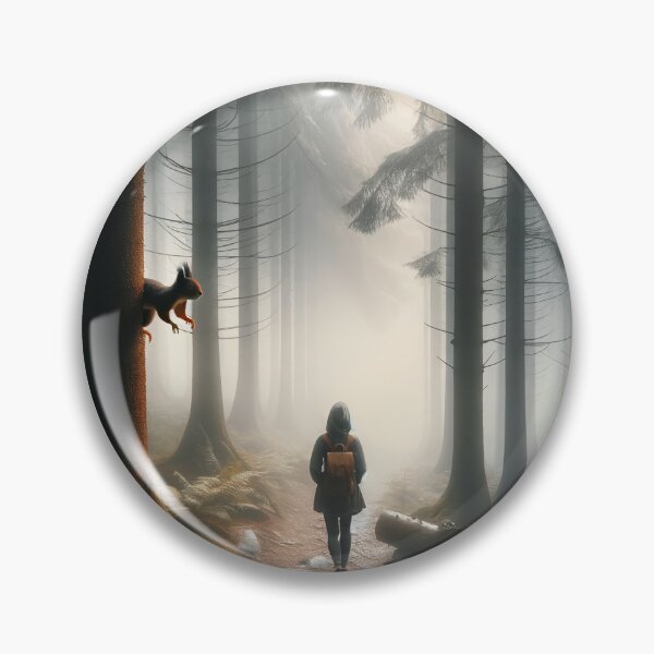Item preview, Woman walking in a misty forest, watching a squirrel jump between trees designed and sold by AndreaMart.