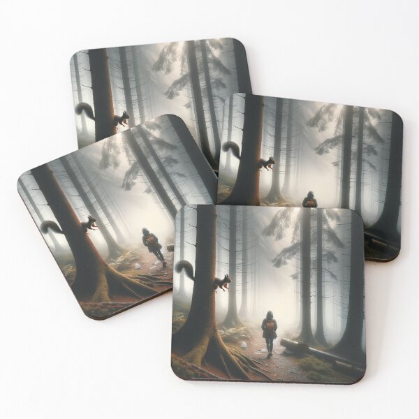 Item preview, Woman walking in a misty forest, watching a squirrel jump between trees designed and sold by AndreaMart.