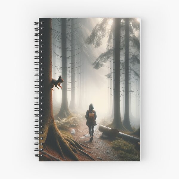 Item preview, Woman walking in a misty forest, watching a squirrel jump between trees designed and sold by AndreaMart.