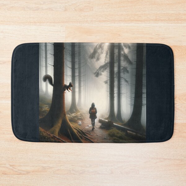 Item preview, Woman walking in a misty forest, watching a squirrel jump between trees designed and sold by AndreaMart.
