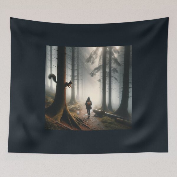 Item preview, Woman walking in a misty forest, watching a squirrel jump between trees designed and sold by AndreaMart.