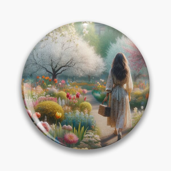 Item preview, Woman walking in a spring park full of various floral species and blooming trees designed and sold by AndreaMart.