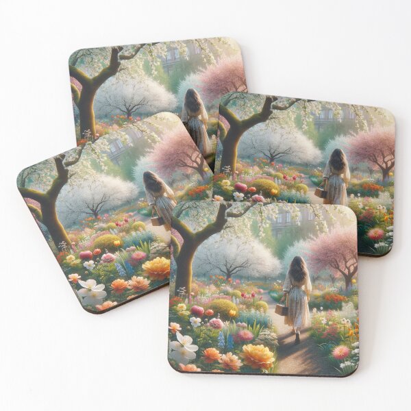 Item preview, Woman walking in a spring park full of various floral species and blooming trees designed and sold by AndreaMart.