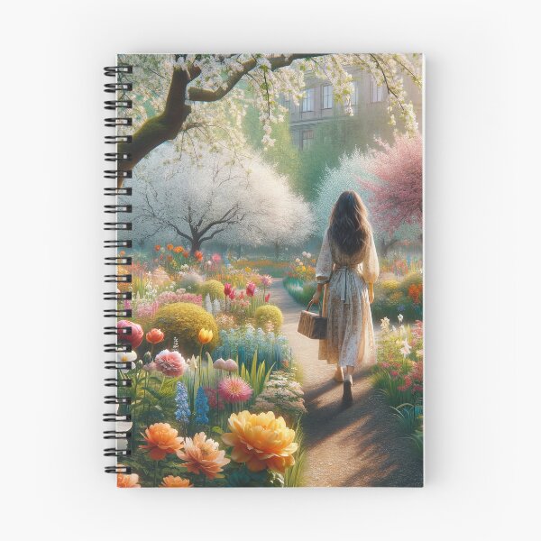 Item preview, Woman walking in a spring park full of various floral species and blooming trees designed and sold by AndreaMart.