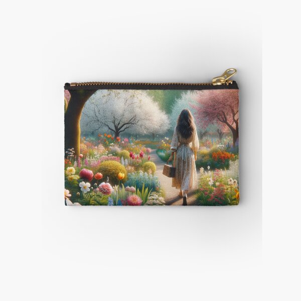 Item preview, Woman walking in a spring park full of various floral species and blooming trees designed and sold by AndreaMart.