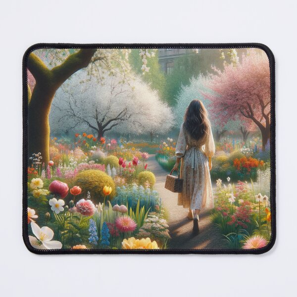 Item preview, Woman walking in a spring park full of various floral species and blooming trees designed and sold by AndreaMart.