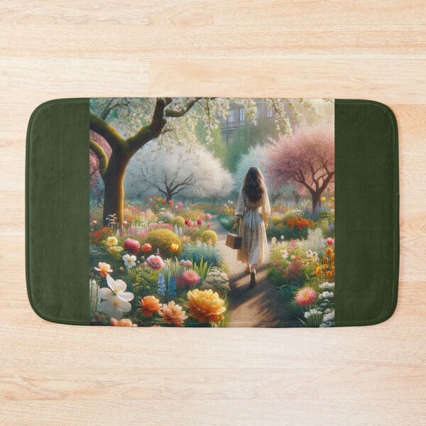 Item preview, Woman walking in a spring park full of various floral species and blooming trees designed and sold by AndreaMart.