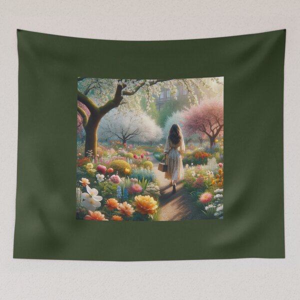 Item preview, Woman walking in a spring park full of various floral species and blooming trees designed and sold by AndreaMart.