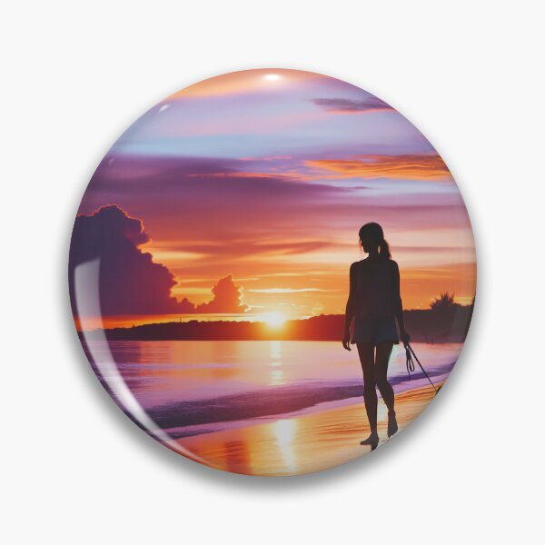 Item preview, Woman walking with her dog on the beach at sunset, when the sky is filled with shades of orange and purple designed and sold by AndreaMart.