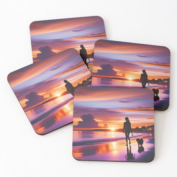 Item preview, Woman walking with her dog on the beach at sunset, when the sky is filled with shades of orange and purple designed and sold by AndreaMart.