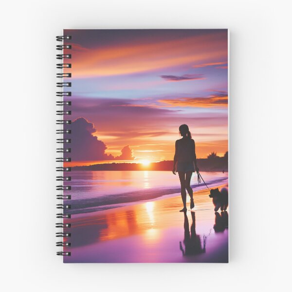 Item preview, Woman walking with her dog on the beach at sunset, when the sky is filled with shades of orange and purple designed and sold by AndreaMart.