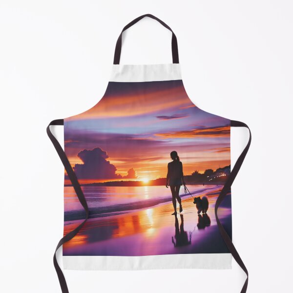 Item preview, Woman walking with her dog on the beach at sunset, when the sky is filled with shades of orange and purple designed and sold by AndreaMart.