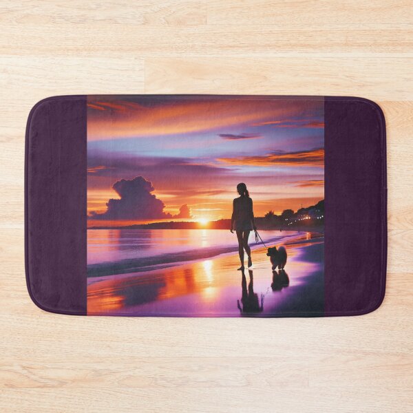 Item preview, Woman walking with her dog on the beach at sunset, when the sky is filled with shades of orange and purple designed and sold by AndreaMart.