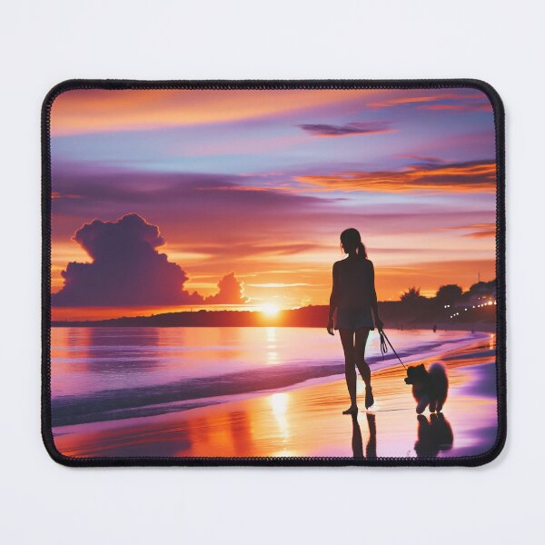 Item preview, Woman walking with her dog on the beach at sunset, when the sky is filled with shades of orange and purple designed and sold by AndreaMart.