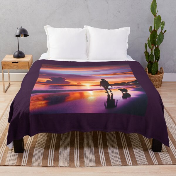 Item preview, Woman walking with her dog on the beach at sunset, when the sky is filled with shades of orange and purple designed and sold by AndreaMart.