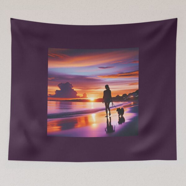 Item preview, Woman walking with her dog on the beach at sunset, when the sky is filled with shades of orange and purple designed and sold by AndreaMart.